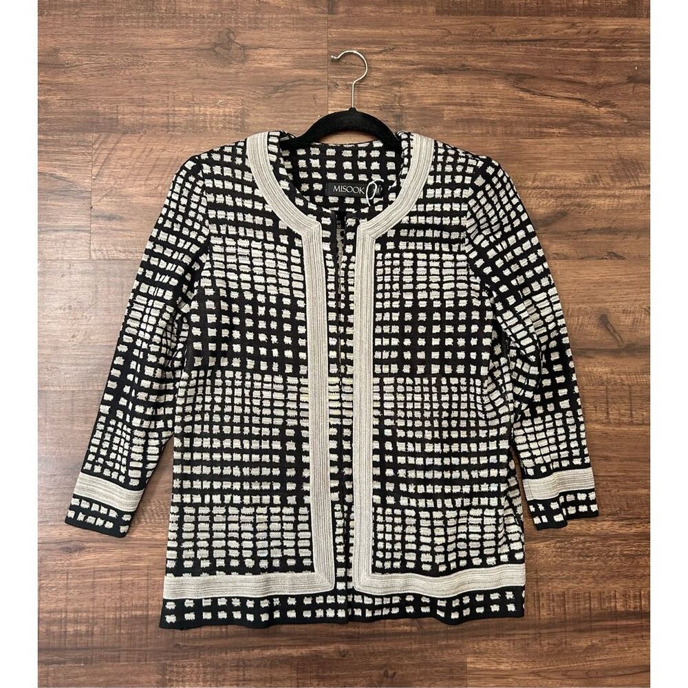 Misook Gray Black Geometric Acrylic Sweater Knit Jacket, Sz Medium